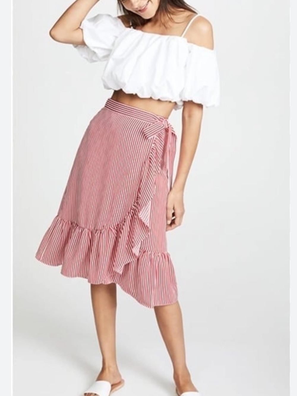 Club Monaco Striped Red Wrap Ruffle Midi Skirt